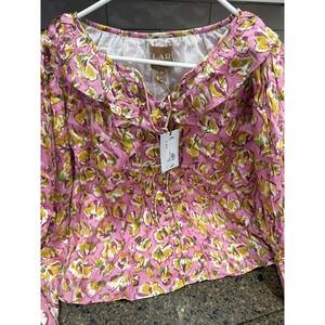 Clara The Label Aurelia Blouse Pink Floral Ruffle Balloon Sleeve Top S NEW